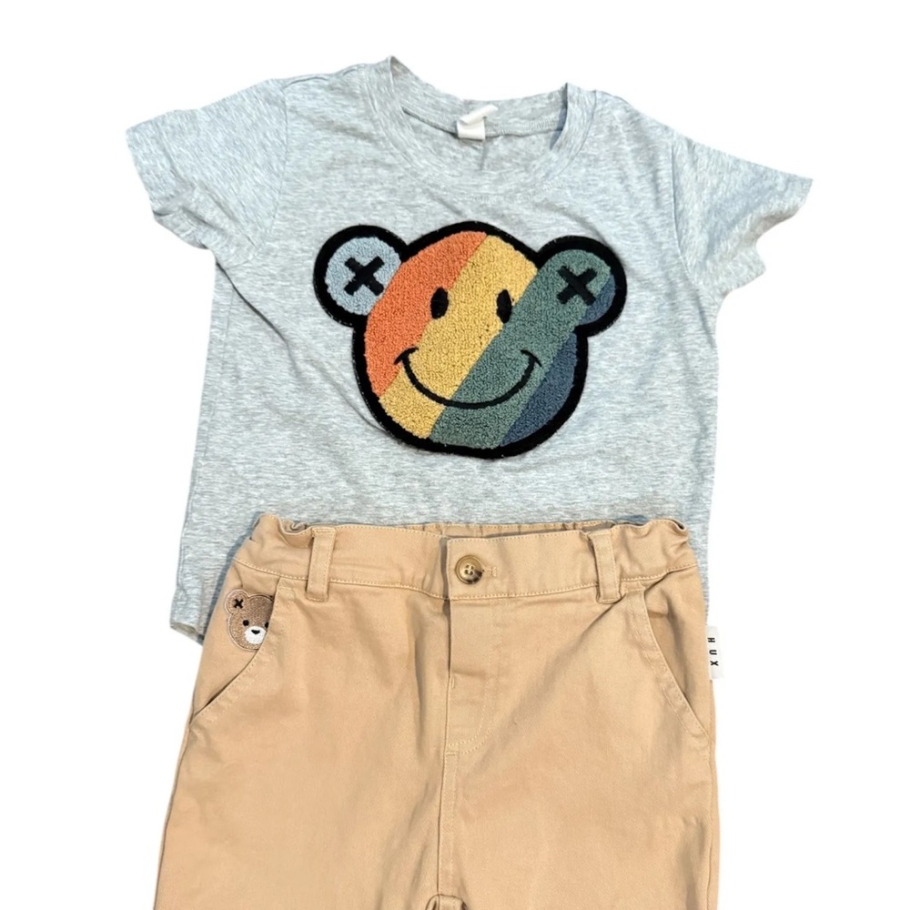 Huxbaby Gray T-Shirt with Bear Graphic and Tan Shorts